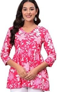 Women Pink Floral Peplum Top – Cotton Blend V-Neck Casual Wear