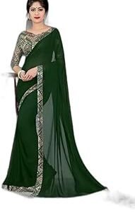 Women's Printed Fancy Leaf Print Chiffon Saree with Blouse Piece (Dark Green) (37888)