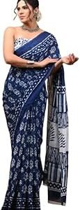 Women's Jaipuri Hand Block Indigo Ajrakh Printed Pure Cotton Mulmul Saree With Matching Blouse Piece (Blue 5)