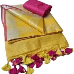 Bhagalpuri Linen Cotton Saree for Women |Linen Slub Ethnic Wear Saree For Women's (With Blouse) |, Yellow,Pink