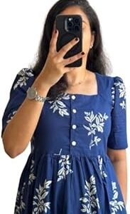 Women's Midi Dress with Abstract Print, Short Puff Sleeves, Casual Wear