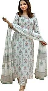 Women's Printed V Neck Kurta and Pant Set with Dupatta
