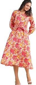 Women's Fit and Flare Midi Crepe Digital Floral Printed Flared Dress