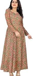 Women's Floral Printed Anarkali Kurti Gown with Panchkoni Neck & Long Sleeves, Georgette Fabric