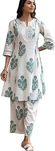 Women's White Cotton Flared Kurta Set