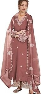 Women's Embroidered Chanderi Kurta Pant Set With Net Dupatta | V Neck, 3/4 Sleeve Ethnic Set | Outfit for Festive & Office Wear (1657 Kurta Set)