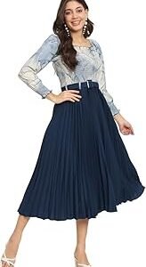 | Women A-line Dress with Pleats, has an Square Neck, Printed Top Comes with a Belt