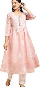 Women's Muga Cotton Flared Lucknowi Chikankari Ethnic Wear Kurta