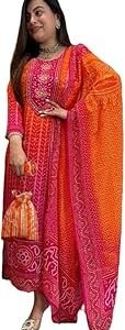 Womenâ€™s Rayon-Viscose Straight Kurta Set with Multicolor Bandhej Print â€“ 3/4 Sleeves, Calf-Length Kurta + Pant & Dupatta â€“ Comfortable & Festive Ethnic Wear