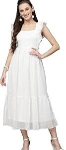 Georgette Jacquard Butti Square Neck Knee Length Western Dresses for Women (Dress2 89)