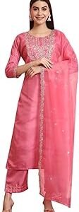 Women's Silk Blend Embroidered Kurta with Pant & Dupatta Set