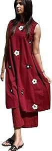 Women's Maroon Sleeveless Cotton Kurta Set with Floral Embroidery | Ethnic Wear for Office, Casual & Summer | Comfortable