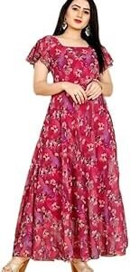 Flower Digital Printed One Piece Long Kurti Gown for Women | Georgette Fabric with Heavy American Crepe Lining | Square Neck & Stylish Short Sleeves
