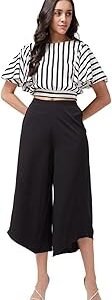 Women’s Black Culottes with White Striped Crop Top | Crepe Co-Ord Set for Women | Stylish Modern Pant Suit for Women | Trendy Party, Casual & Summer Outfit