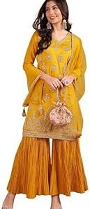 Women's Silk Blend Embroidered Straight Kurta Palazzo with Dupatta with Cotton Inner