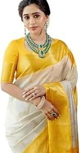 Women's Sun Yellow&White Golden Zari Shine Soft Kanjivaram Silk Wedding Saree