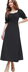 Girl's & Women's Solid A-Line Ruched Puff Sleeve Maxi Long Evening One Piece Long Dress for Women Stylish (Dress 131)