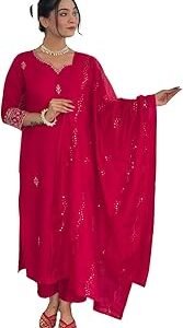 Women's Gajri Chanderi Embroidered Straight Kurta with Chanderi Silk Pant and Chanderi Silk Laced Dupatta Sets (NK-426)