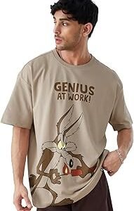|Official Looney Tunes: Magic Mushroom Mens and Boys Oversized T-Shirts|Half Sleeve|Loose fit Graphic Printed| 80% Cotton 20% Polyester Brown Color Men Oversized T-Shirts