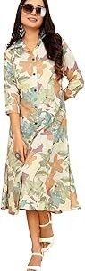 A Line Dresses for Women Western Rayon Floral One Piece Dress for Women | Stylish Flared Roll Tab Sleeve | Knee Length Midi Maxi Dress | Wear as Beach, Party