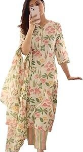 Women's Rayon Blend Straight Printed Kurta with Pant & Dupatta
