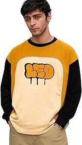 Oversized Full Sleeve Cottonblend Graphic Printed Round Neck Drop Shoulder Tshirt for Man (Color Mustard)