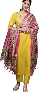 Women's Embroidered Cotton Straight Kurta with Pant and Dupatta Set