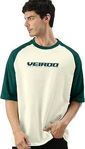 100% Pure Cotton Oversized Loose Baggy Fit Drop Shoulder Round Neck Cool Front Chest Typographic Logo Printed Raglan Sleeve T-Shirt for Men (Colors: White, Black, Swanwhite, Beige & Grey)