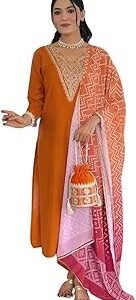 Women's Rayon Embroidered Straight Kurta with Pant and Printed Dupatta Sets (Available in Plus Size) (NX-715)