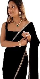 Women's Ready to Wear Black Georgette One Minute Readymade Stitched Saree with Scalloped Border and Unstitched Blouse