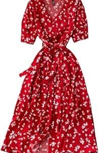 Dresses for Women Half Sleeve || Floral Print || V-Neck and Puff Sleeves || Front Open Button & Tie-Up || Midi Dress