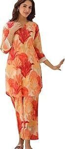 Women's Rayon Floral Ethnic Co Ord Set | Casual Wear Pant Top Set | Fancy Co-Ord Set | Full Pair Set | Kurta Sets Kurtis | Kurta Pant Set