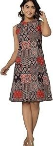 Women's Sleeveless A-Line Dress | Bohemian Printed Casual Knee-Length Dress with Round Neck | Comfortable Lightweight Fabric | Perfect for Summer, Day Outings, and Casual Wear