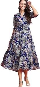 Women's Fit and Flare Pure Cotton Long Maxi Dress (SP-22 Blue)