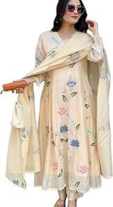 Women's Elegant Chanderi Cotton Embroidered Anarkali Kurta Set with Dupatta for Women | Light Floral Print Suit for Wedding, Parties & Daily Use