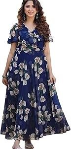 Women's Georgette Casual Floral Digital Print Half Sleeve Knee Length Fit and Flare Long Maxi Gown Dress (Flower_Gown)