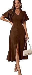 Girl's & Women's Pleated Midi Dress with Flutter Sleeves | V-Neck Western Dress for Women | Elegant A-Line Summer Outfit | Office & Casual Wear (Dress 244)