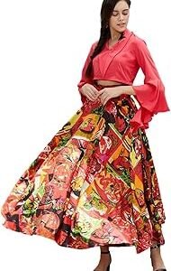 Women’s Red Crop Top & Printed Skirt Co-ord Set | Embroidered Collar Blouse with Picasso Inspired Flared Skirt | Stylish Festive Co-ord Set for Women Party, Wedding, Cocktail & Modern Outfits