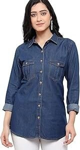 Women's Denim Shirt with Regular Fit Solid Pattern Long Sleeve Collared Neck and Button Down Closure|Women's Denim Shirt