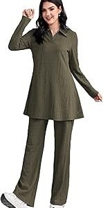 Women's Solid Color Two-Piece Set | Long Sleeve Top & Wide Leg Pants Co-ord Set | Casual Wear Co ord Set