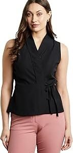 Women's Solid Sleeveless Wrap Top (Regular Fit | Desk-to-Dinner)
