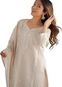 Women's Silk Embroidery and Lace Straight Kurta with Pant & Dupatta