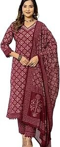 Women's Cotton Printed Straight Kurta with Pant and Dupatta Set
