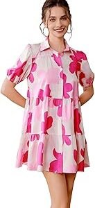 Women's Green Flower Print Short Sleeve Button Front All-Over Printed Dresses, Ruffle Hem Smock Dress for Woman (161 Dress)