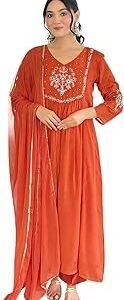 Women's Silk Chiffon Embroidered A-Line Kurta with Rayon Pant and Silk Chiffon Laced Dupatta Sets (Available in Plus Size) (NX-661)