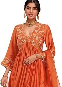Women's Rayon Viscose Anarkali Embroidered Kurta with Pant & Dupatta