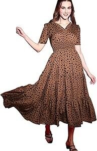 Women's Crepe Fit and Flare Printed Half Sleeve V-Neck Casual Dress