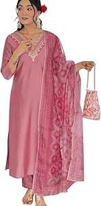 Women's Rayon Embroidered Straight Kurta with Pant and Dupatta Sets (Available in Plus Size) (NX-698)