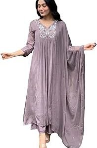 Women's Rayon Blend A-Line Embroidered Kurta with Pant & Dupatta