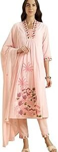 Women's Embroidered Kurta Set with Dupatta - A-line Fit | 100% Cotton | Embroidered Cotton Dupatta | Multi-color Placement Embroidery | Kurta Set For Women